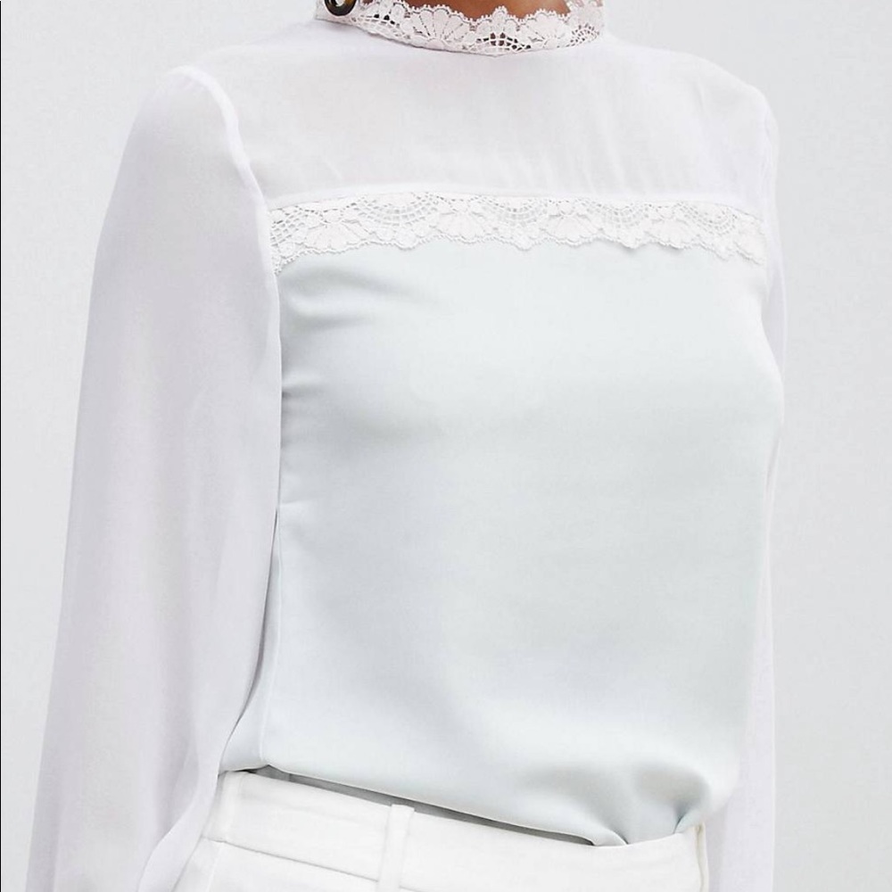 Color block(mint) high neck, long sleeve blouse